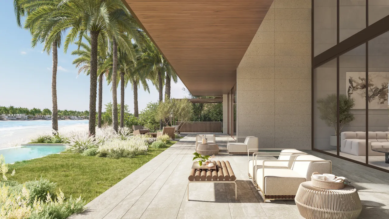 Frond B by Nakheel in Palm Jebel Ali Porcelain Roses villa exterior with pool terrace shaded lounge deck and open sea view in Dubai - Presented by Tohid Fetrat