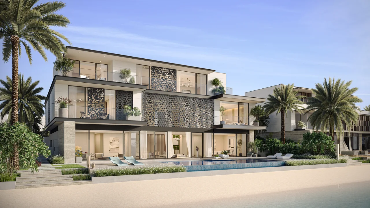 Frond B by Nakheel in Palm Jebel Ali Sunset Mirage villa exterior with pool terrace evening light and open sea view in Dubai - Presented by Tohid Fetrat