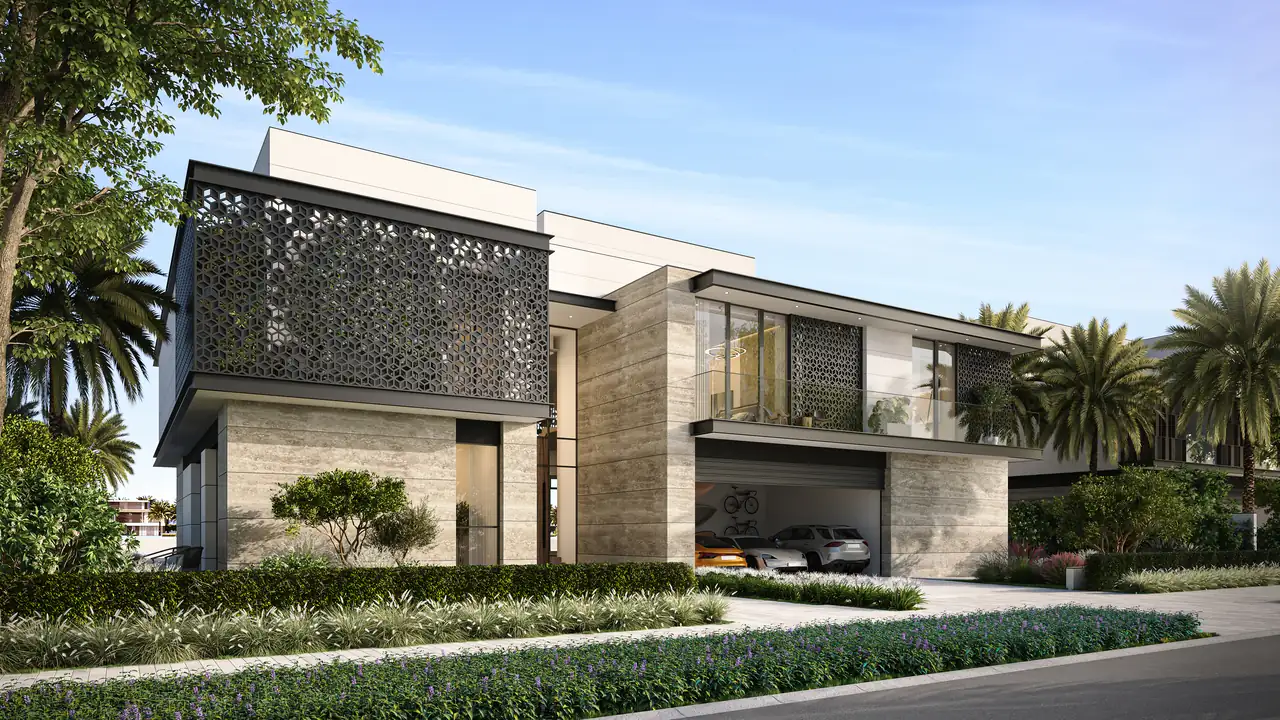 Frond B by Nakheel in Palm Jebel Ali Sunset Mirage villa exterior street view with sculpted facade landscaped frontage and private driveway in Dubai - Presented by Tohid Fetrat