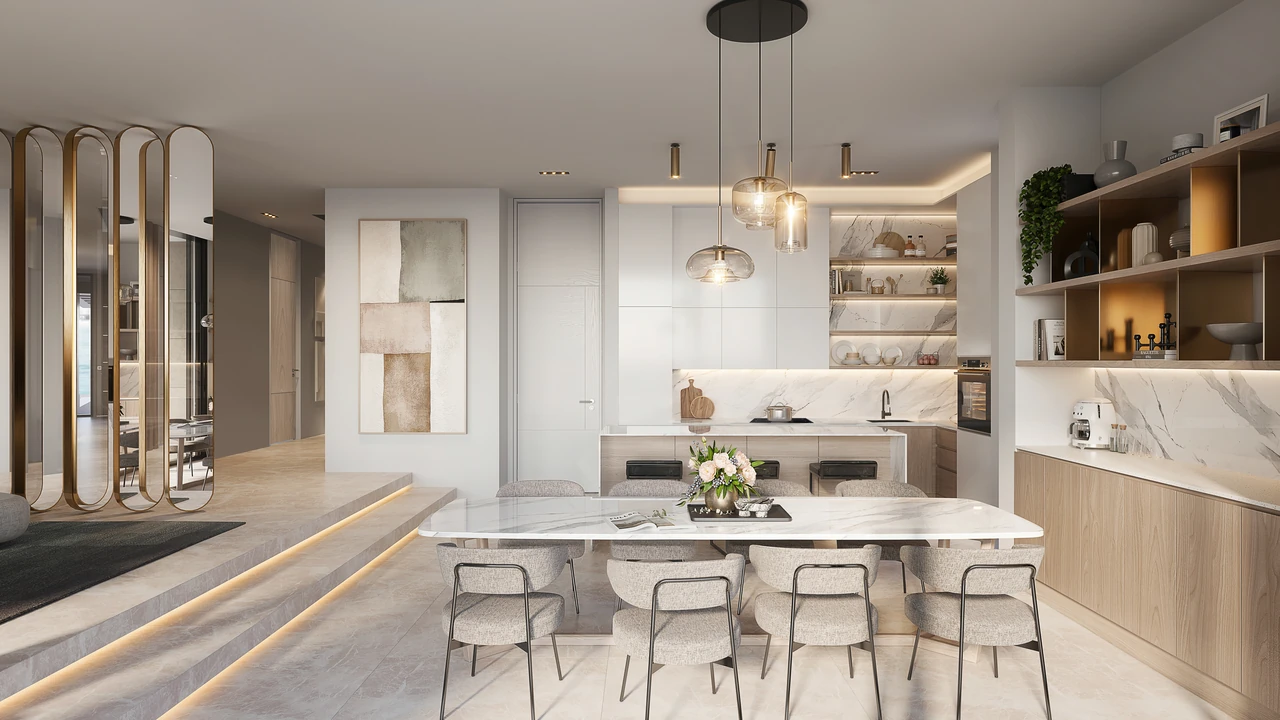 Frond C by Nakheel in Palm Jebel Ali Ocean Whisper villa dining and kitchen space with island seating handleless joinery and terrace outlook in Dubai - Presented by Tohid Fetrat