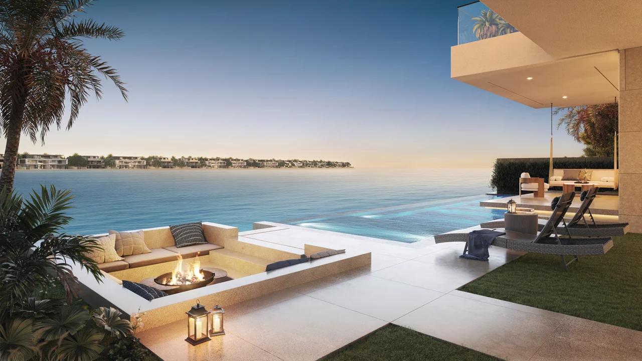 Frond C by Nakheel in Palm Jebel Ali Ocean Whisper villa exterior from the water with full height glazing pool deck and private beach in Dubai - Presented by Tohid Fetrat