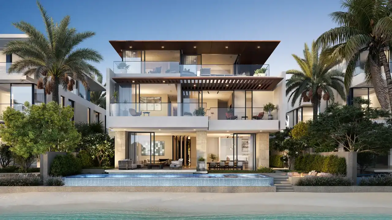 Frond C by Nakheel in Palm Jebel Ali Ocean Whisper villa beachfront exterior at sunset with infinity pool private terrace and open sea horizon in Dubai - Presented by Tohid Fetrat