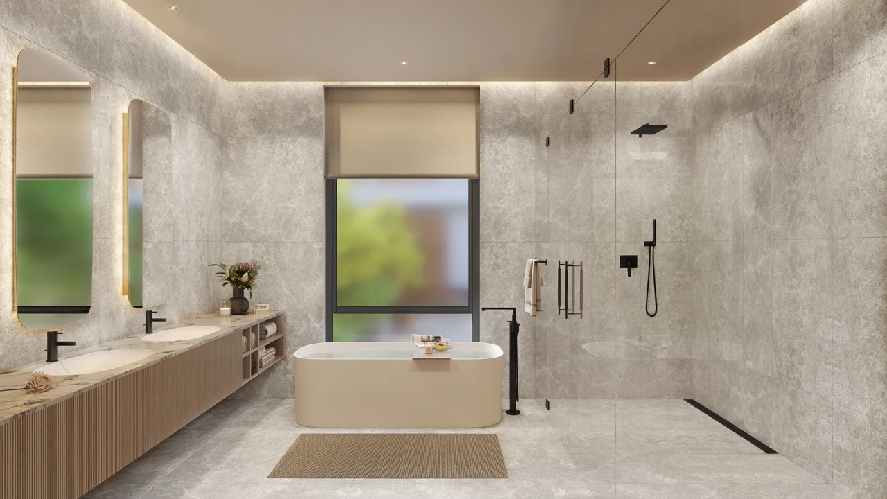 Frond C by Nakheel in Palm Jebel Ali Amber Reef villa bathroom with stone clad walls freestanding bath and natural light in Dubai - Presented by Tohid Fetrat