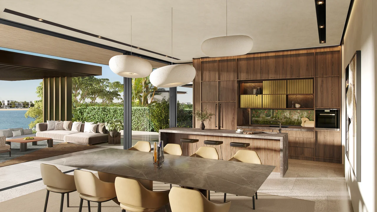 Frond C by Nakheel in Palm Jebel Ali Amber Reef villa open plan dining and living space with double height glazing and sea facing seating in Dubai - Presented by Tohid Fetrat