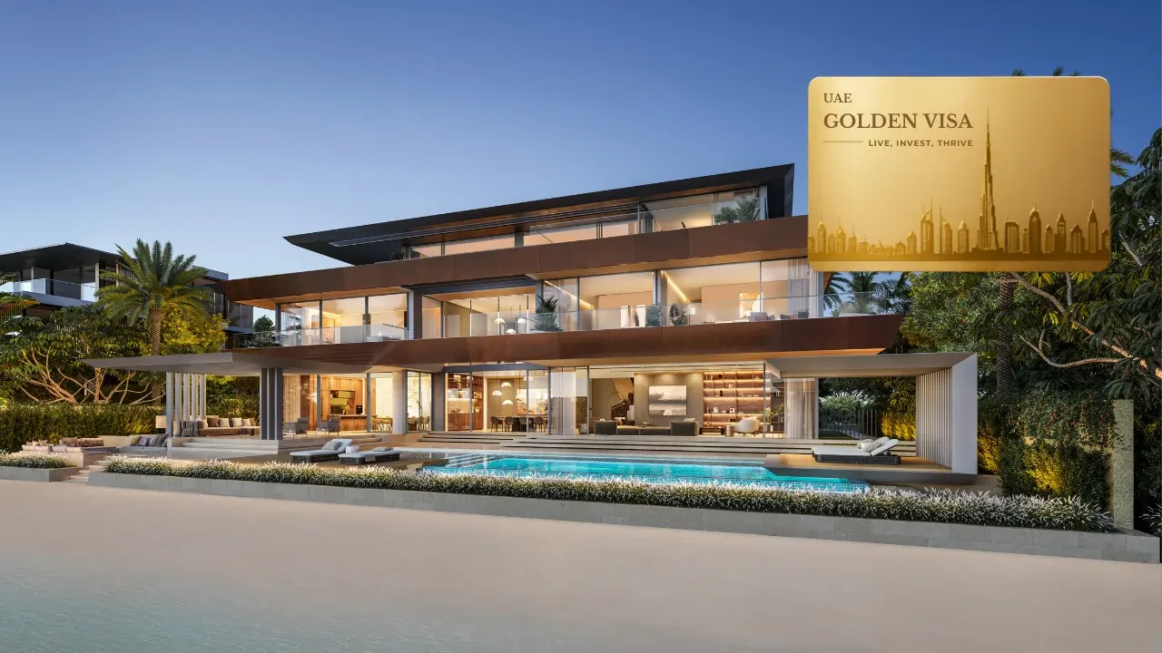 Frond C by Nakheel in Palm Jebel Ali Golden Visa eligibility concept with beachfront villa and Golden Visa card in Dubai - Presented by Tohid Fetrat