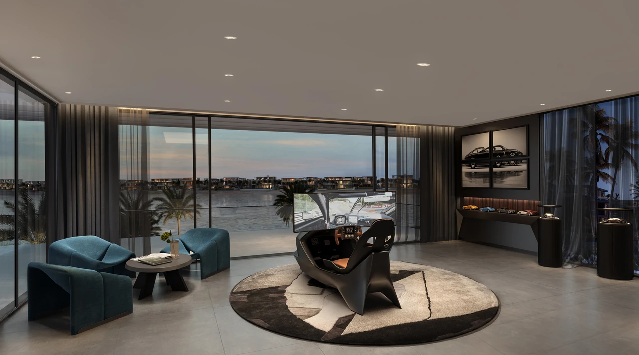 Frond F by Nakheel in Palm Jebel Ali Baia Luna villa lounge with soft seating warm timber finishes and full height glazing framing the sea in Dubai - Presented by Tohid Fetrat