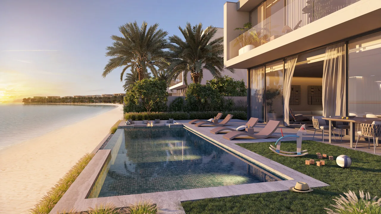 Frond F by Nakheel in Palm Jebel Ali Cyan Sky villa shaded terrace with dining setting pool edge and sea horizon in Dubai - Presented by Tohid Fetrat