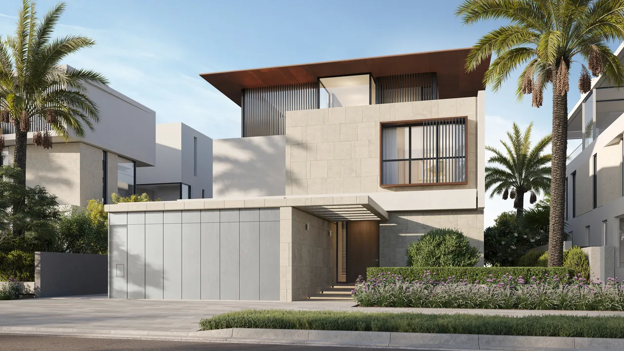 Frond F by Nakheel in Palm Jebel Ali Ocean Whisper villa entrance courtyard with paved forecourt boundary walls and feature planting in Dubai - Presented by Tohid Fetrat