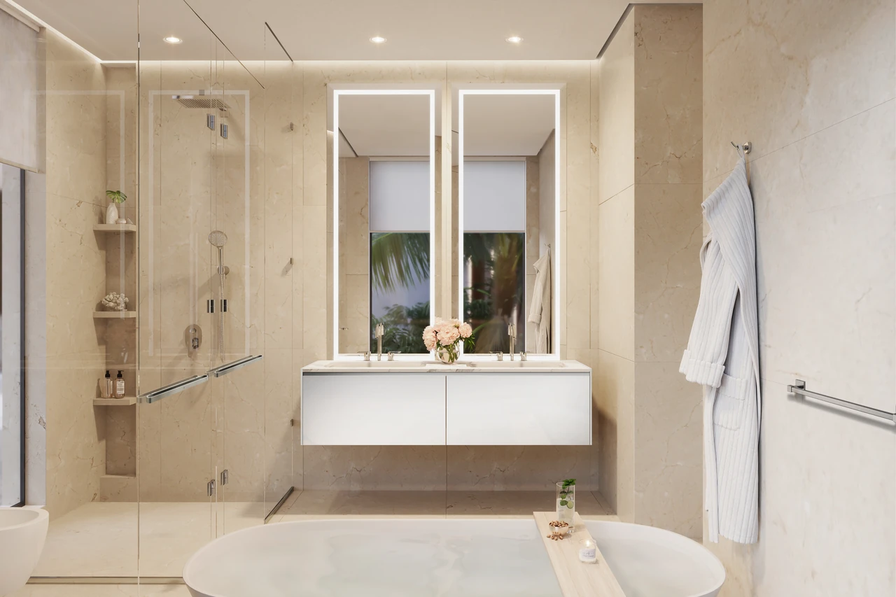 Frond F by Nakheel in Palm Jebel Ali Ocean Whisper villa bathroom with marble surfaces twin vanity and freestanding bath in Dubai - Presented by Tohid Fetrat