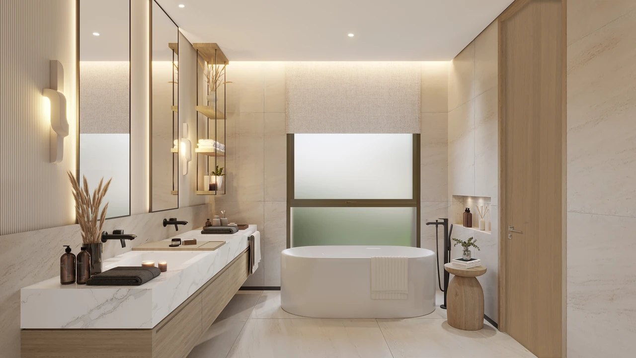 Frond F by Nakheel in Palm Jebel Ali Wave Crest villa bathroom with natural stone walls timber joinery and walk in shower in Dubai - Presented by Tohid Fetrat