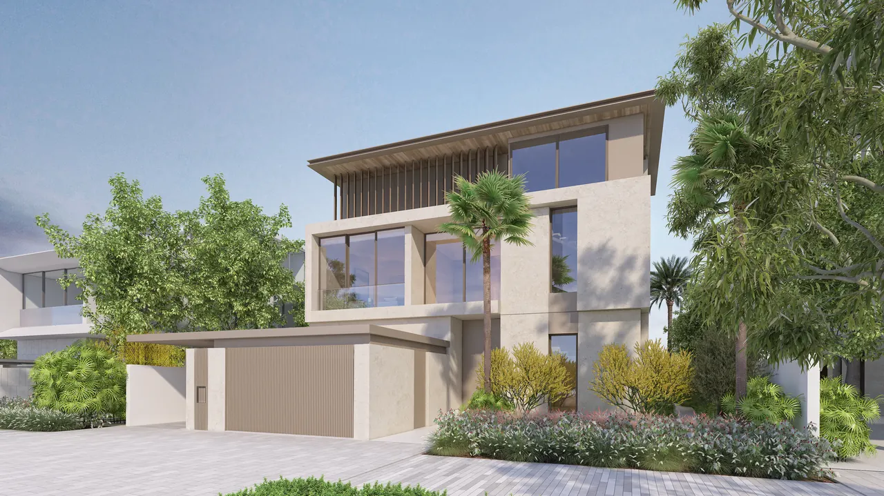 Frond F by Nakheel in Palm Jebel Ali Wave Crest villa street elevation at dusk with warm entrance lighting and layered horizontal volumes in Dubai - Presented by Tohid Fetrat