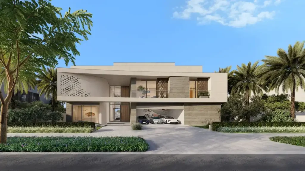 Frond F by Nakheel in Palm Jebel Ali Coral Dune villa facade at sunset with landscaped driveway and warm stone elevation in Dubai - Presented by Tohid Fetrat