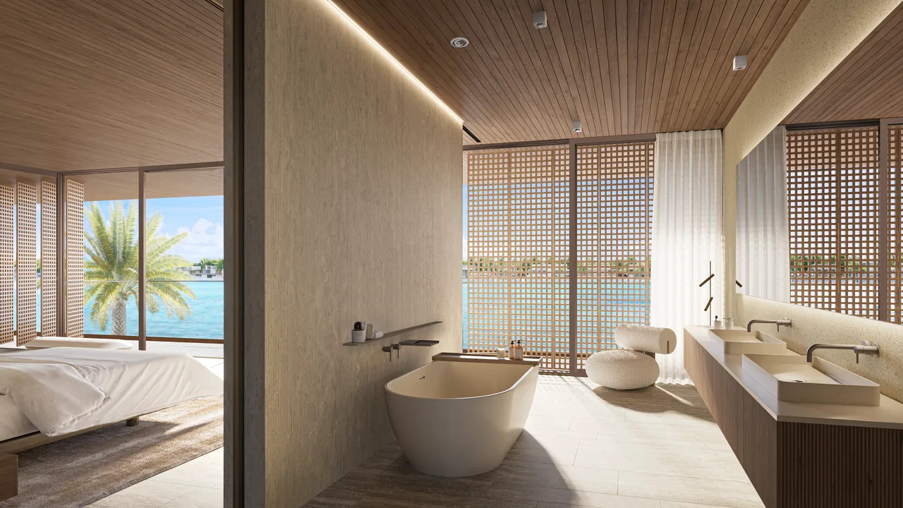 Frond F by Nakheel in Palm Jebel Ali Porcelain Roses villa bathroom with freestanding bathtub stone finishes and soft natural light in Dubai - Presented by Tohid Fetrat