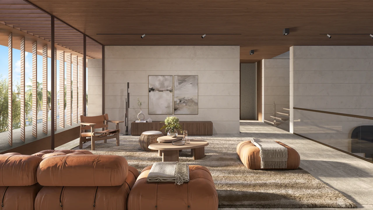 Frond F by Nakheel in Palm Jebel Ali Porcelain Roses villa living room with sea view full height glazing and layered contemporary furnishings in Dubai - Presented by Tohid Fetrat