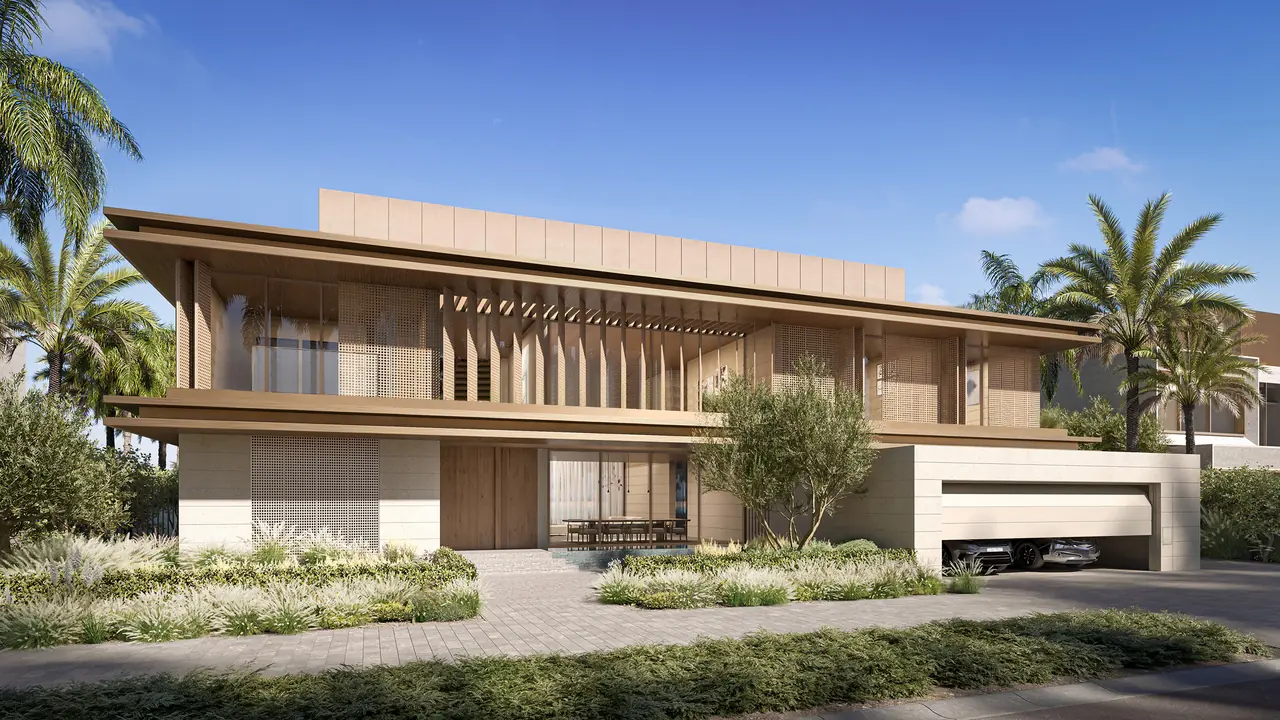Frond F by Nakheel in Palm Jebel Ali Porcelain Roses villa front facade with palm landscaping shaded entrance and paved approach in Dubai - Presented by Tohid Fetrat