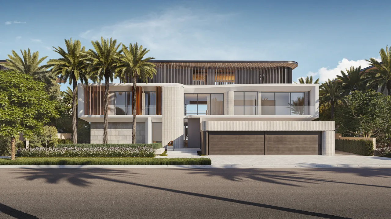 Frond F by Nakheel in Palm Jebel Ali Red Aurora villa street approach with garden wall planted boundary and recessed entrance in Dubai - Presented by Tohid Fetrat
