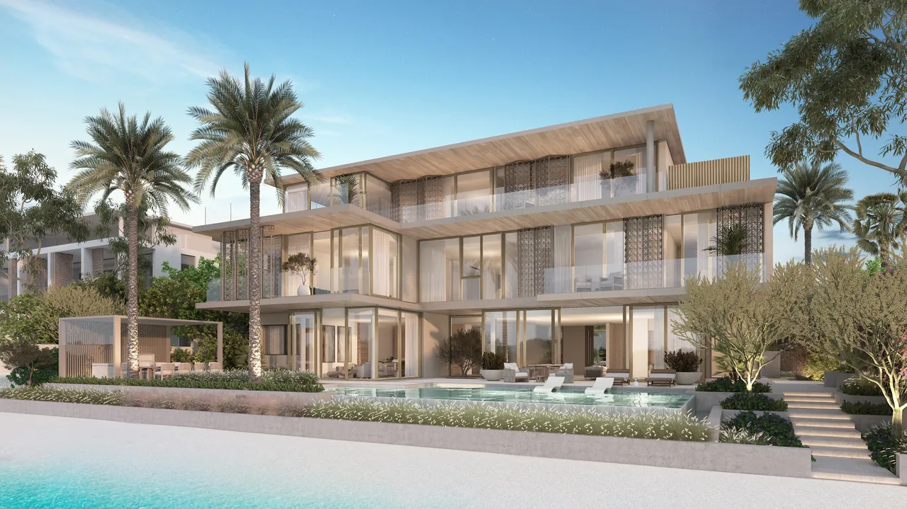 Frond F by Nakheel in Palm Jebel Ali Redwood villa with open sea horizon private pool and shaded outdoor dining in Dubai - Presented by Tohid Fetrat