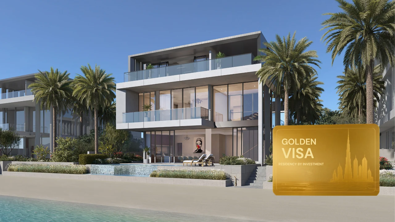 Frond F by Nakheel in Palm Jebel Ali Golden Visa eligibility concept with beachfront villas and Golden Visa card in Dubai - Presented by Tohid Fetrat