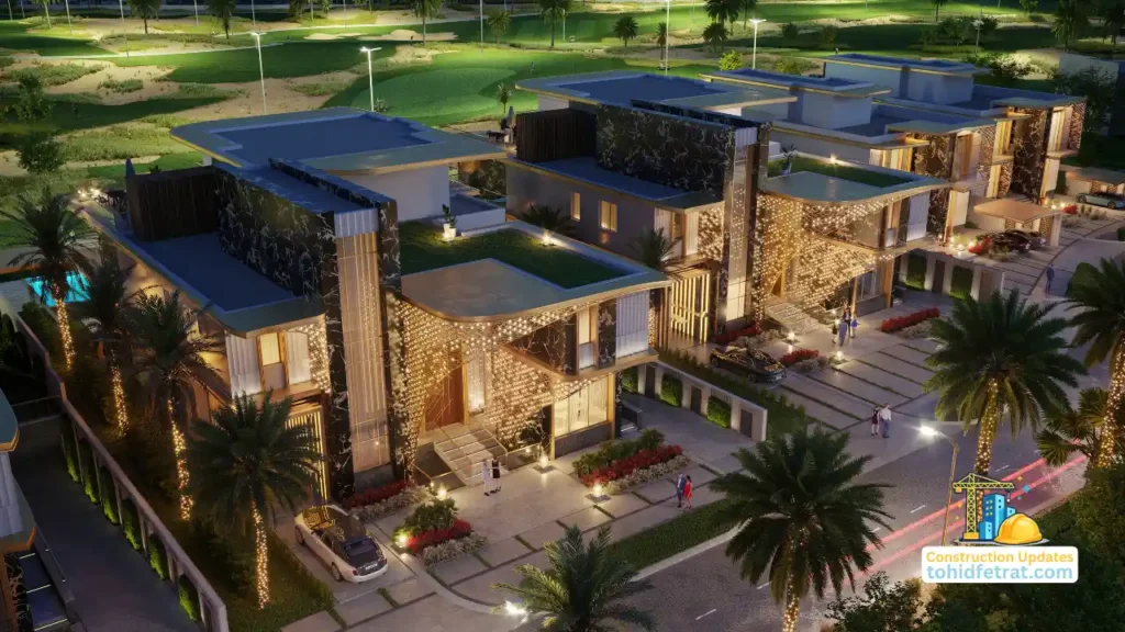 Luxury villas at GEMS Estates in DAMAC Hills illuminated at dusk for GEMS Estates Construction Updates. Presented by Tohid Fetrat