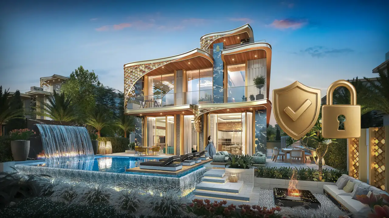 Luxury villa at GEMS Estates in DAMAC Hills featured for the GEMS Estates Escrow Account guide with escrow protection icons. Presented by Tohid Fetrat