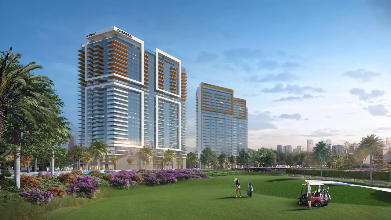 Golf Gate 2 at DAMAC Hills by DAMAC Properties contemporary residential towers overlooking the championship golf course with landscaped gardens in Dubai Presented by Tohid Fetrat