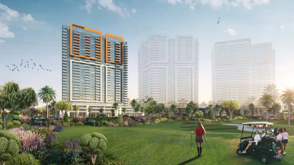 Golf Gate 2 at DAMAC Hills by DAMAC Properties overlooking the landscaped golf course with modern residential towers and lush green surroundings in Dubai Presented by Tohid Fetrat