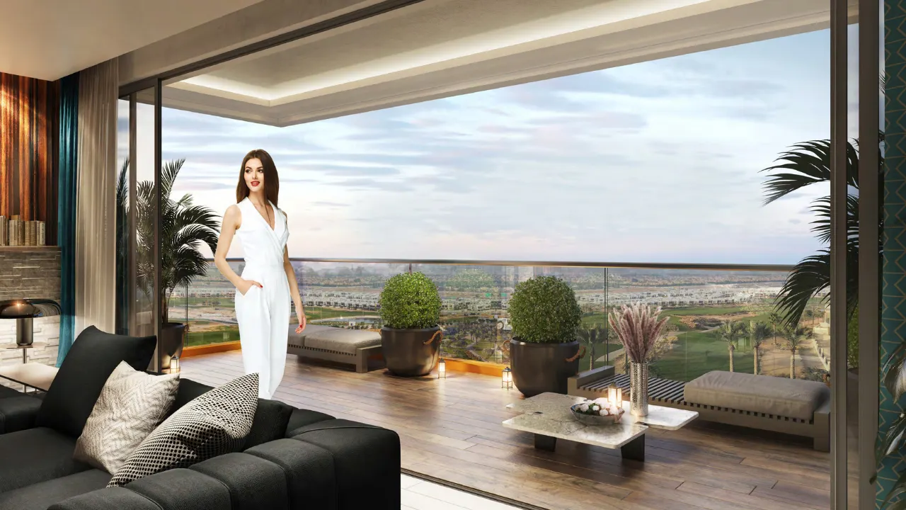 Golf Gate 2 at DAMAC Hills by DAMAC Properties apartment with spacious golf view balcony outdoor lounge area and panoramic community views in Dubai Presented by Tohid Fetrat