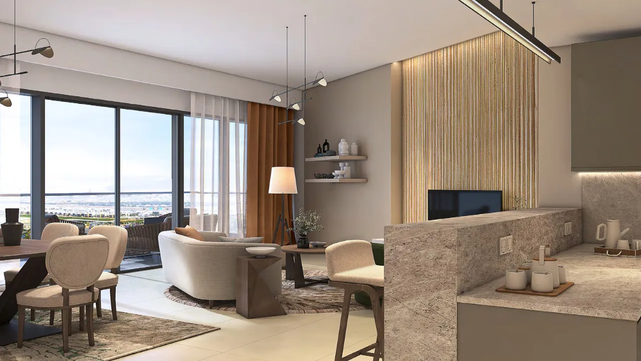 Golf Gate 2 at DAMAC Hills by DAMAC Properties contemporary open plan living room with modern kitchen floor to ceiling windows and golf course views in Dubai Presented by Tohid Fetrat
