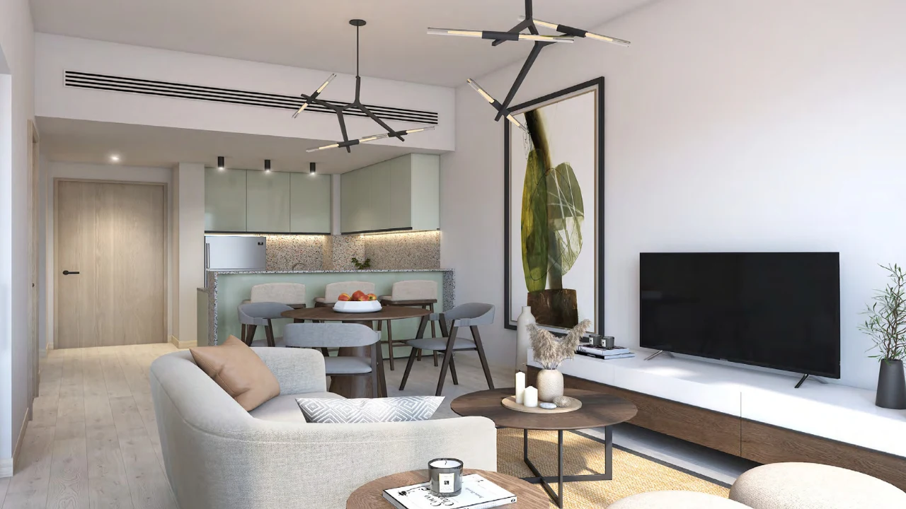 Golf Gate 2 at DAMAC Hills by DAMAC Properties contemporary open plan living and dining area with modern kitchen elegant furnishings and minimalist interior design in Dubai Presented by Tohid Fetrat