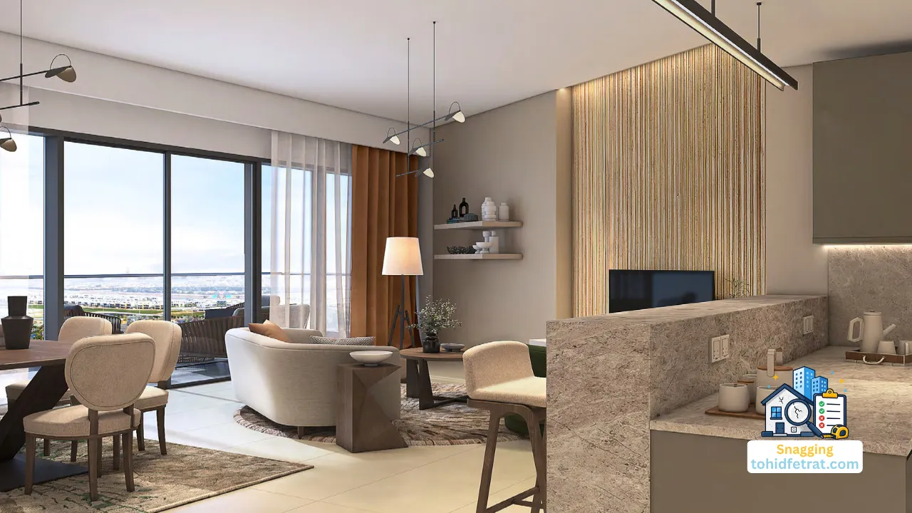 Golf Gate 2 at DAMAC Hills by DAMAC Properties snagging inspection highlighting the contemporary apartment living area with modern interior finishes in Dubai Presented by Tohid Fetrat