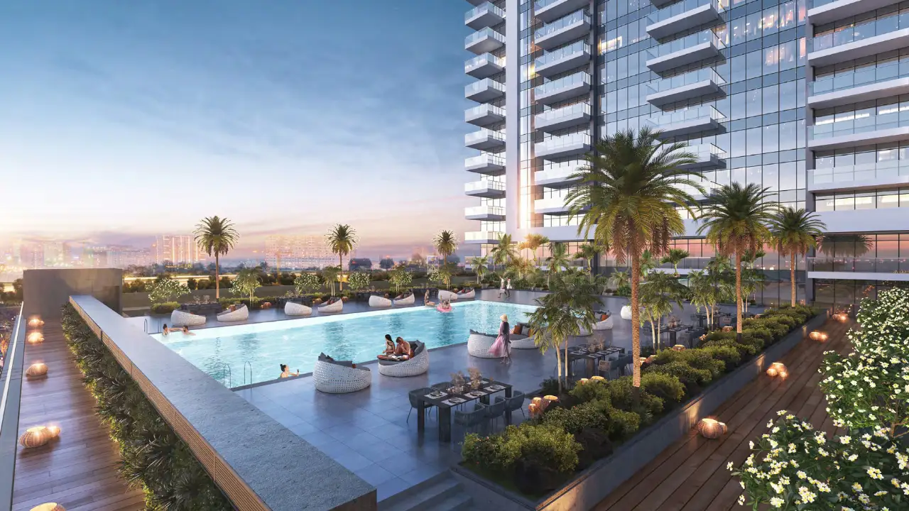 Golf Gate 2 at DAMAC Hills by DAMAC Properties resort style swimming pool surrounded by landscaped terraces palm trees and modern residential tower in Dubai Presented by Tohid Fetrat