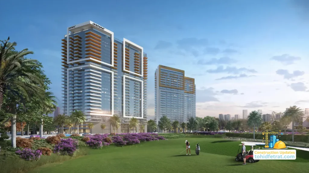 Golf Gate 2 at DAMAC Hills by DAMAC Properties construction update highlighting the residential towers overlooking the championship golf course in Dubai Presented by Tohid Fetrat