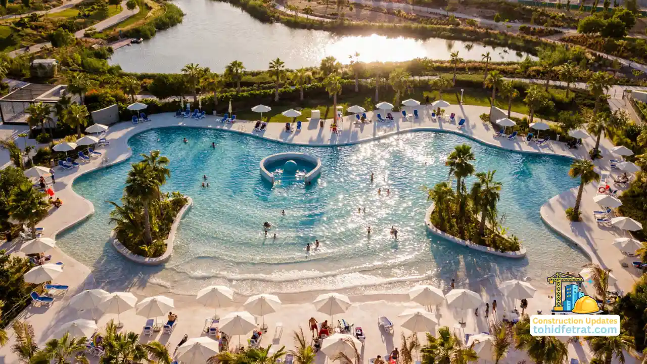 Golf Gate 2 at DAMAC Hills by DAMAC Properties construction update March 2026 featuring the community lagoon style swimming pool with landscaped waterfront surroundings in Dubai Presented by Tohid Fetrat