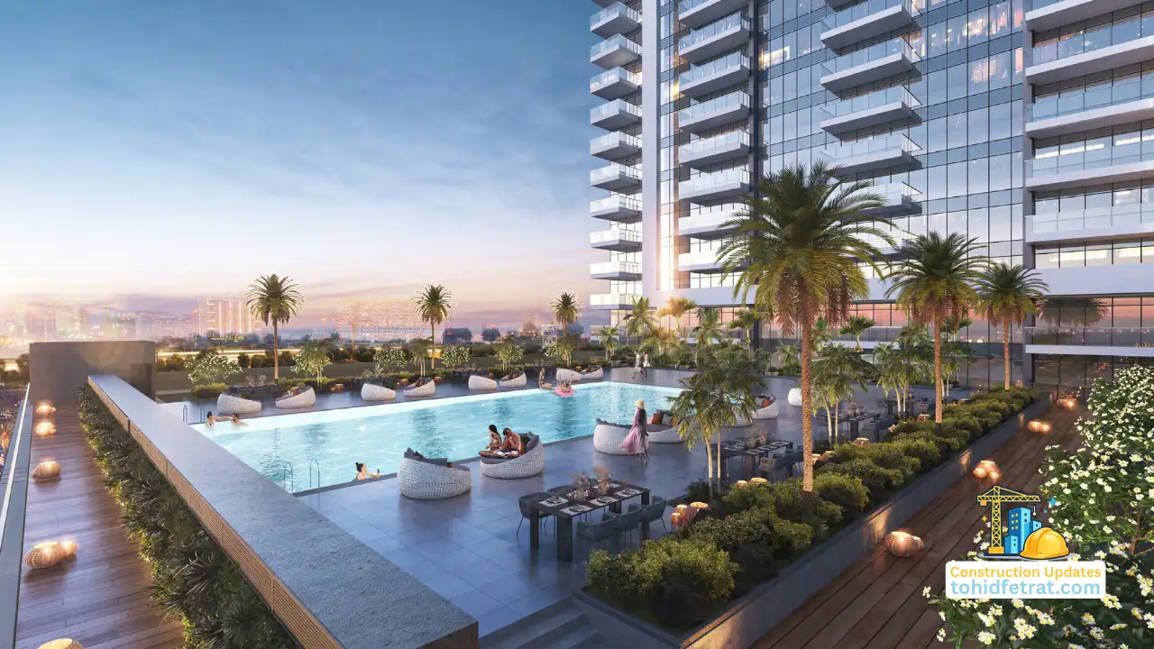 Golf Gate 2 at DAMAC Hills by DAMAC Properties construction update November 2025 featuring the resort style swimming pool landscaped terraces and modern residential tower in Dubai Presented by Tohid Fetrat