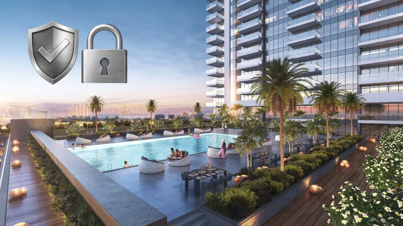 Golf Gate 2 at DAMAC Hills by DAMAC Properties highlighting escrow account protection with resort style swimming pool and modern residential tower in Dubai Presented by Tohid Fetrat