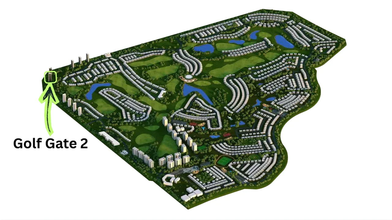 Golf Gate 2 at DAMAC Hills by DAMAC Properties location within the DAMAC Hills master community highlighting its position beside the championship golf course in Dubai Presented by Tohid Fetrat