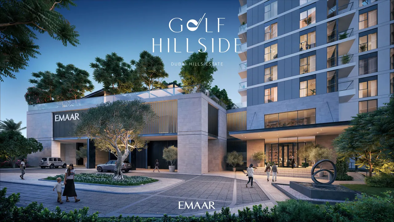 Golf Hillside by Emaar in Dubai Hills Estate connectivity shown in an aerial view of surrounding road links green corridors and routes toward the wider city in Dubai - Presented by Tohid Fetrat