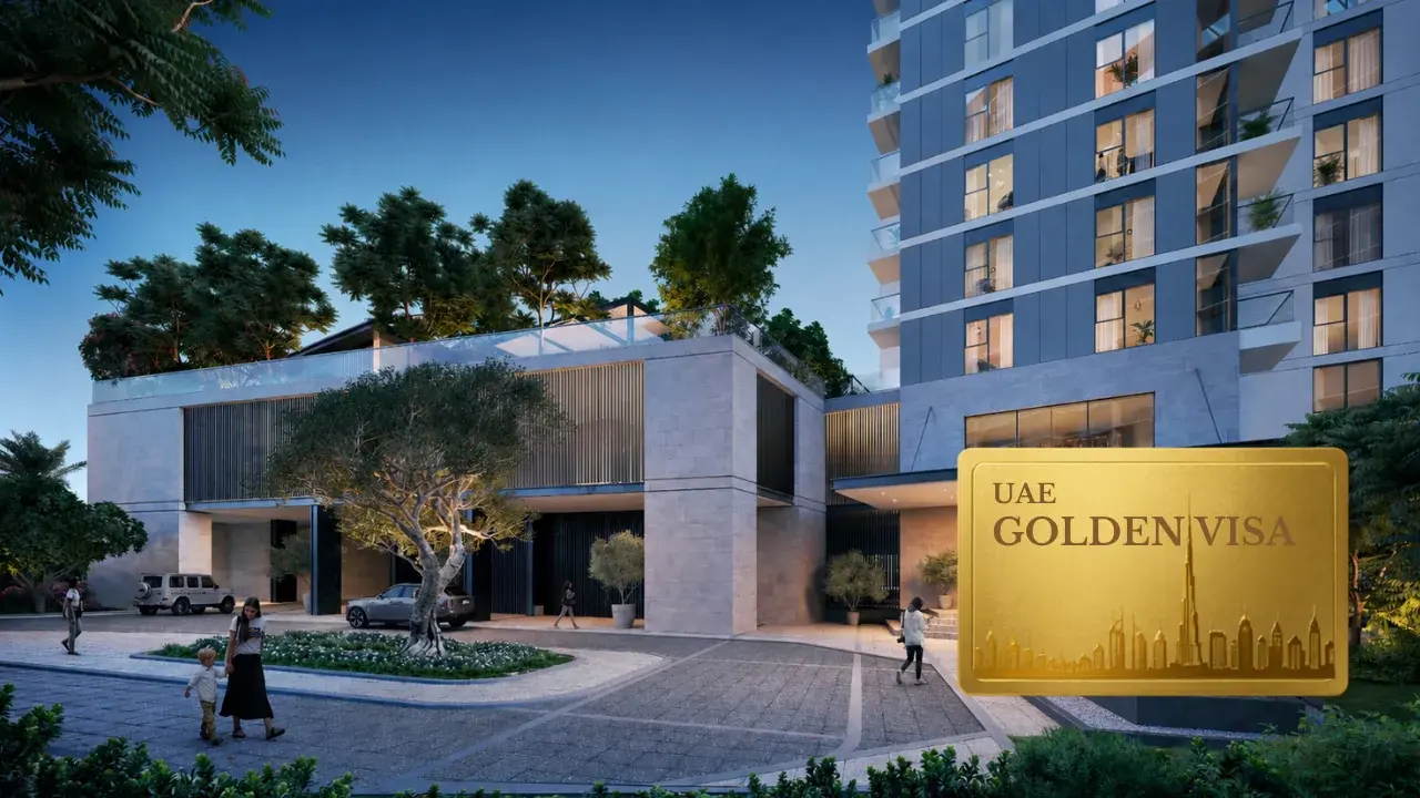 Golf Hillside by Emaar in Dubai Hills Estate Golden Visa eligibility concept with the residential tower and a Golden Visa card in Dubai Presented by Tohid Fetrat