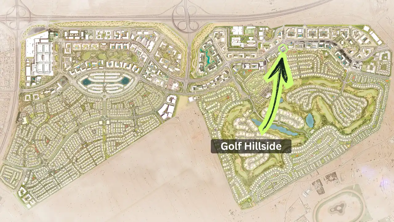 Golf Hillside by Emaar in Dubai Hills Estate location within the community showing the site beside the golf course with adjacent parks and access roads in Dubai - Presented by Tohid Fetrat
