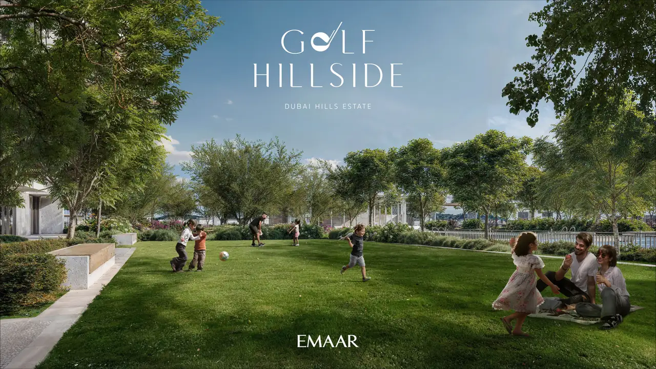 Golf Hillside by Emaar in Dubai Hills Estate landscaped podium pool deck in the evening with lit walkways palm planting and the towers above in Dubai - Presented by Tohid Fetrat