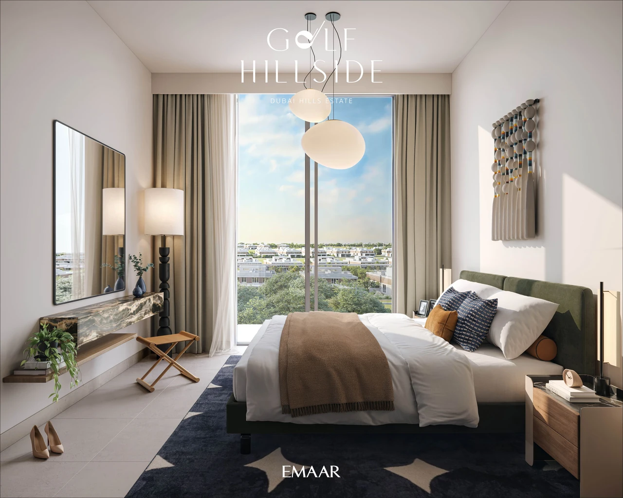 Golf Hillside by Emaar in Dubai Hills Estate residence living room interior with a neutral palette designer furniture and floor to ceiling glazing framing the fairway in Dubai - Presented by Tohid Fetrat