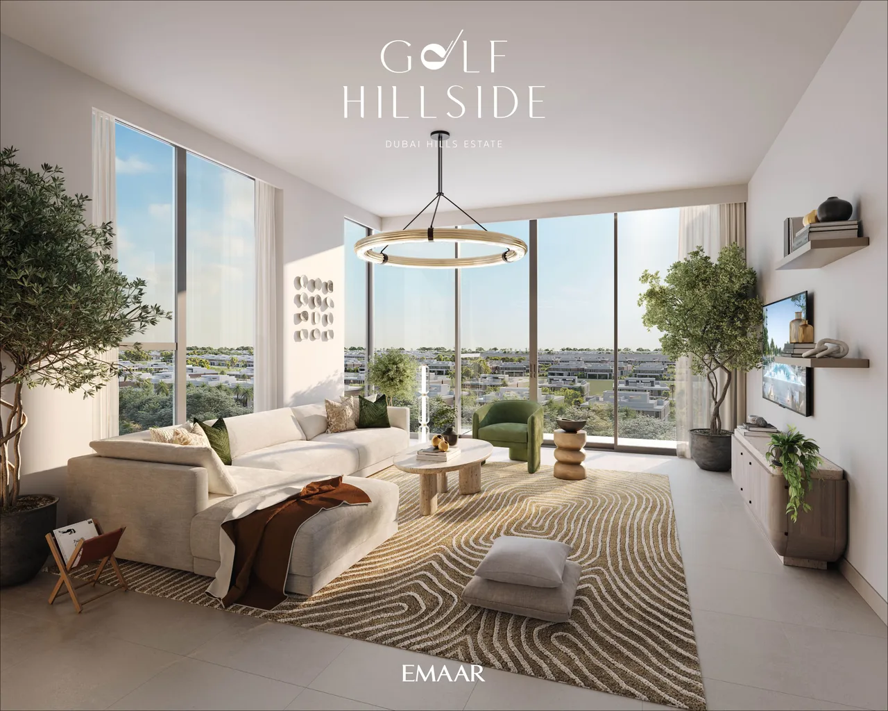 Golf Hillside by Emaar in Dubai Hills Estate residence lounge and dining interior with layered seating warm materials and terrace access in Dubai - Presented by Tohid Fetrat
