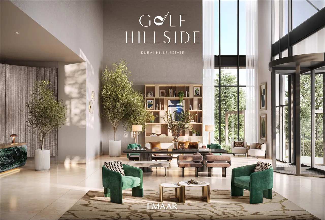 Golf Hillside by Emaar in Dubai Hills Estate residents lounge seating area with warm timber finishes soft lighting and full height glazing onto the greenery in Dubai - Presented by Tohid Fetrat