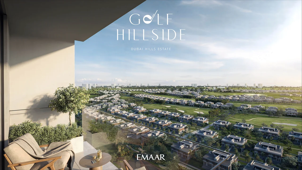 Golf Hillside by Emaar in Dubai Hills Estate tower architecture overlooking the championship golf course with curved balconies landscaped terraces and the Dubai skyline beyond in Dubai - Presented by Tohid Fetrat