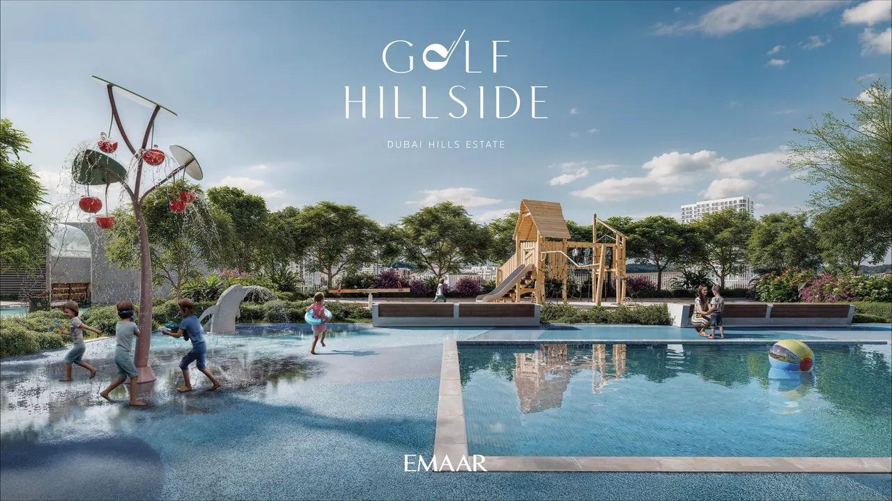 Golf Hillside by Emaar in Dubai Hills Estate tower exteriors in daylight above the fairway with layered balconies green landscaping and clear sky in Dubai - Presented by Tohid Fetrat