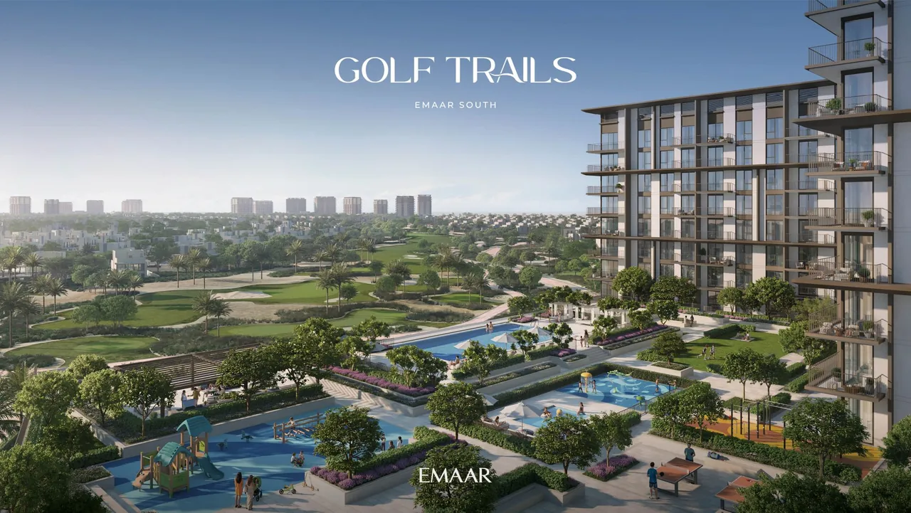 Golf Trails by Emaar in Emaar South aerial community view over the golf course townhouses landscaped greens and connecting pathways in Dubai - Presented by Tohid Fetrat