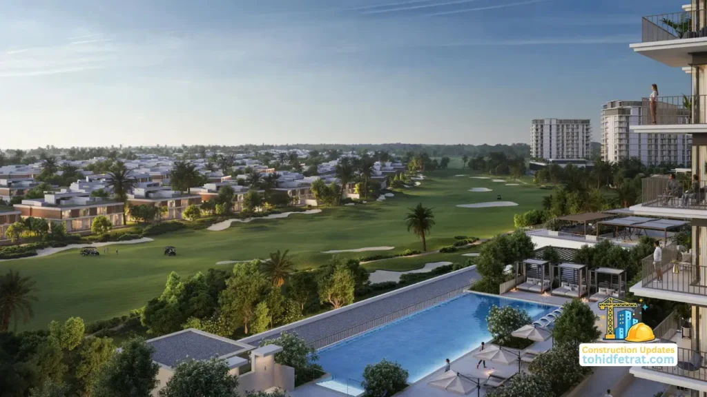 Golf Trails at Emaar South by Emaar Properties overlooking the championship golf course with resort style amenities representing construction updates in Dubai Presented by Tohid Fetrat