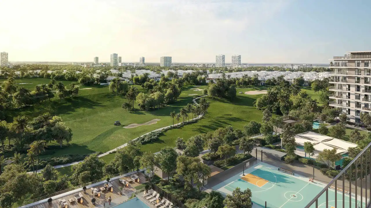Golf Trails at Emaar South by Emaar Properties overlooking the championship golf course with resort style amenities landscaped gardens and modern apartment residences in Dubai Presented by Tohid Fetrat