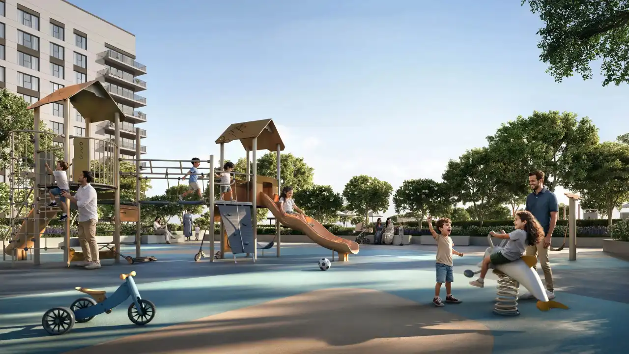Golf Trails at Emaar South by Emaar Properties children's outdoor playground surrounded by landscaped gardens and modern apartment residences in Dubai Presented by Tohid Fetrat
