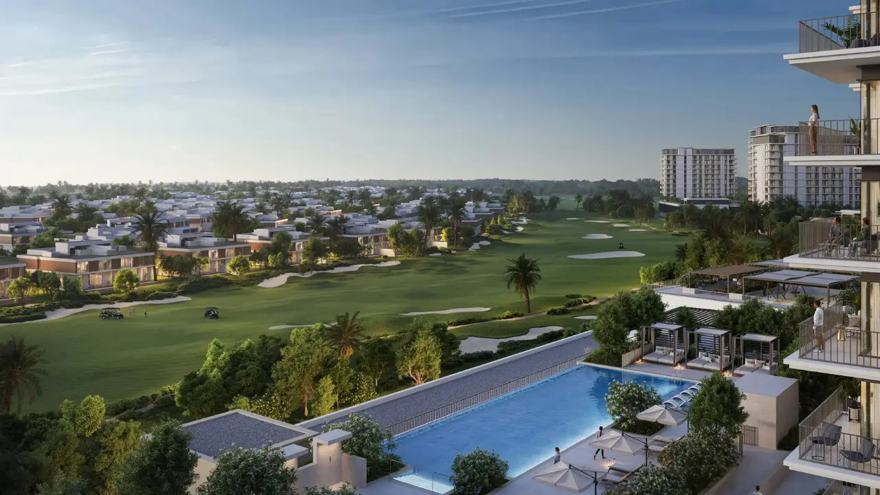 Golf Trails at Emaar South by Emaar Properties infinity swimming pool overlooking the championship golf course with modern apartment residences in Dubai Presented by Tohid Fetrat
